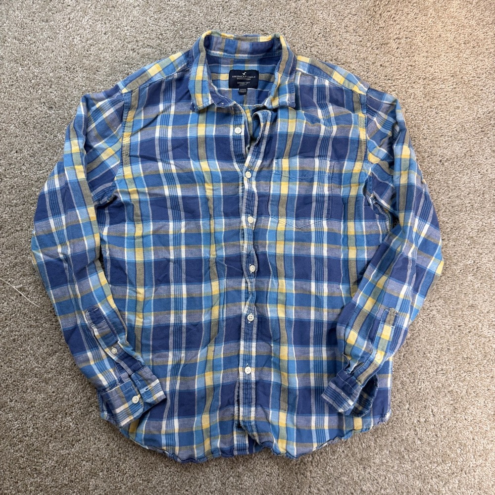 American Eagle Outfitters Shirt Mens Medium Blue Plaid Linen Cotton Long Sleeve